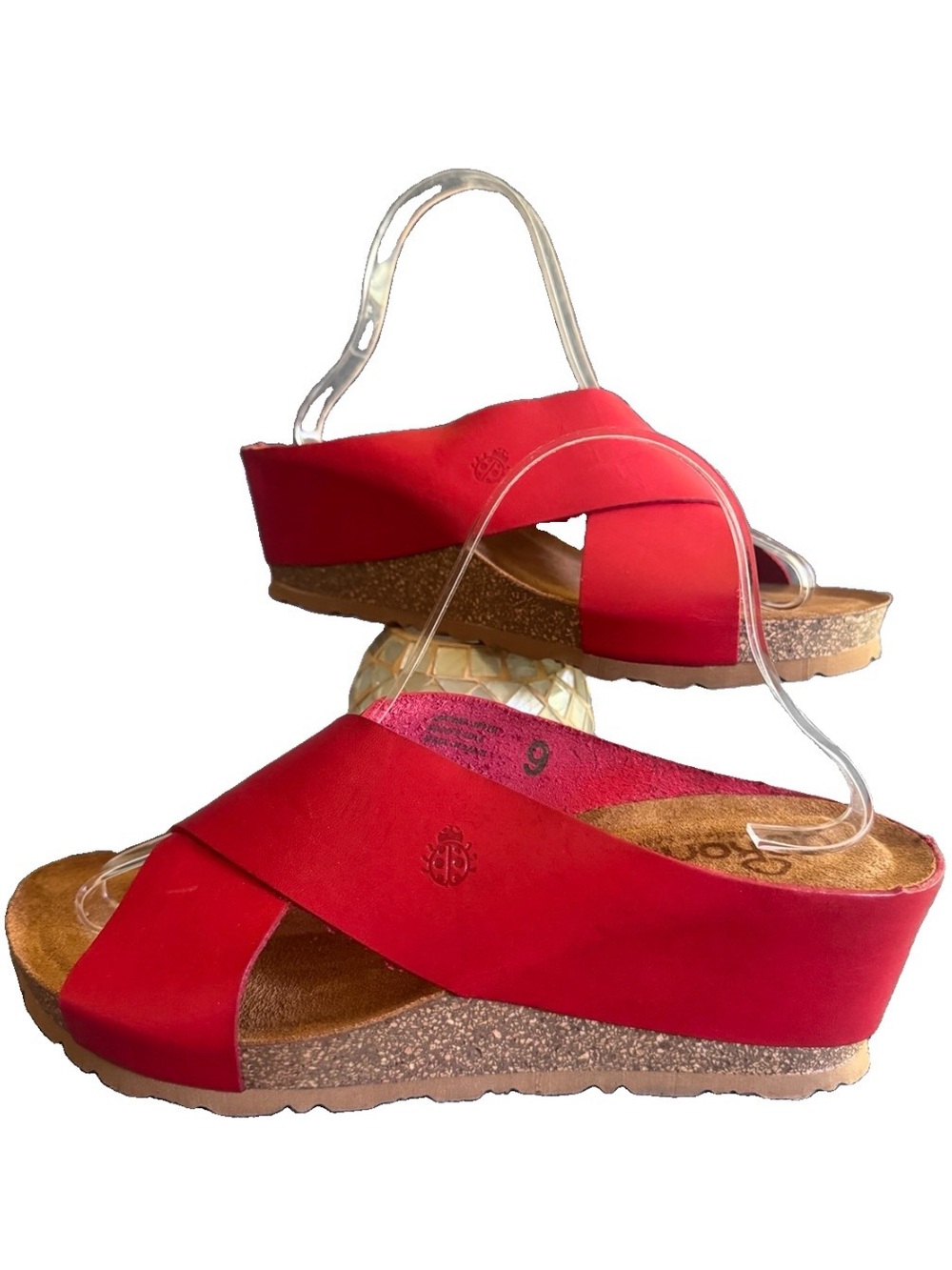 Yokono Red Leather Wedge Sandals 9 Boho Criss Cross Platform Slides Spain